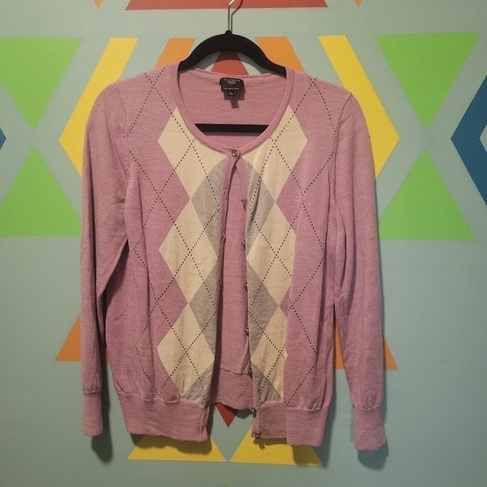 Talbots Women's Lavender, Gray & White Argyle Pattern Wool Sweater Size LargeP